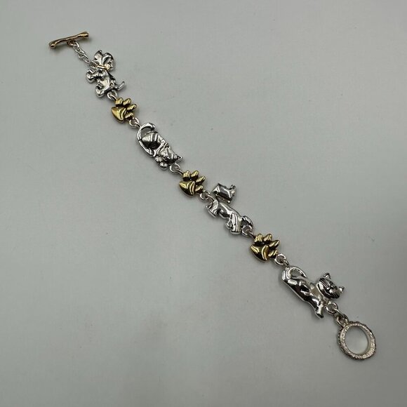 3/$30 Cat Dog Charm Bracelet Silver Gold Mixed Metals Paw Print Toggle Clasp - Picture 6 of 13
